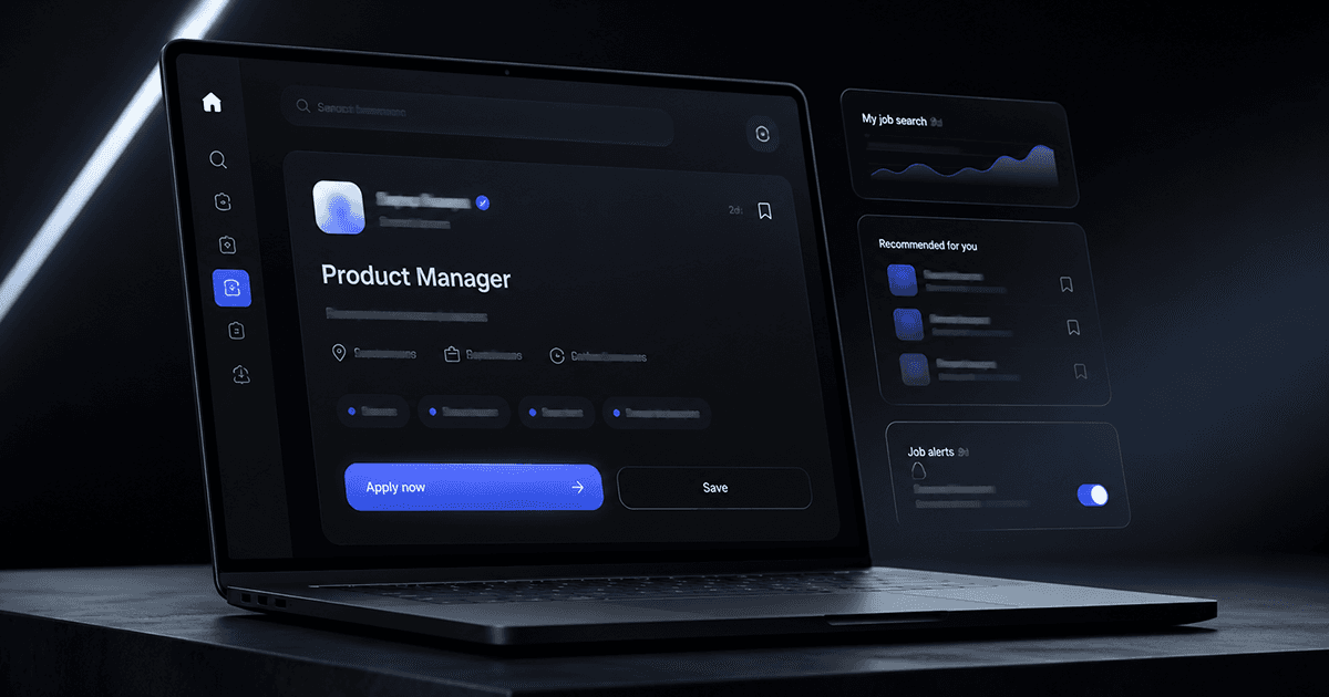 A laptop on a dark surface displaying a Product Manager job tracker dashboard. The cover image for the Complete Job Search Guide.