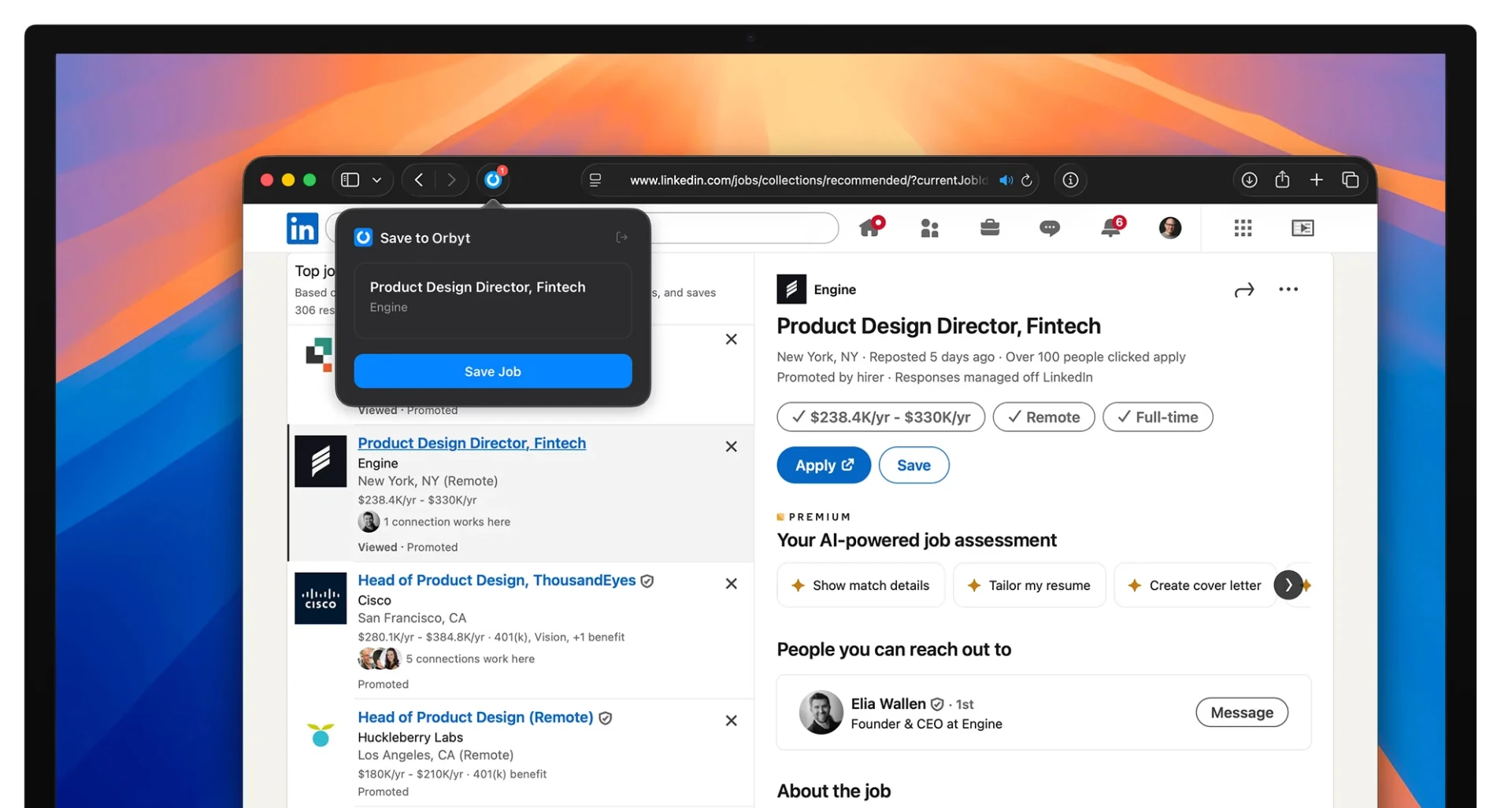 Orbyt browser extension saving a job from LinkedIn on a MacBook