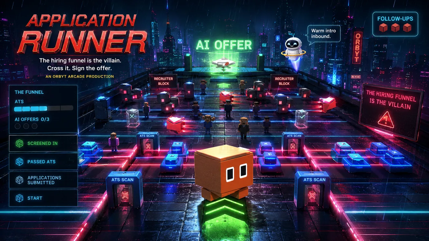 Application Runner, a neon-noir arcade game. Hop your application across the hiring funnel to the AI offer.