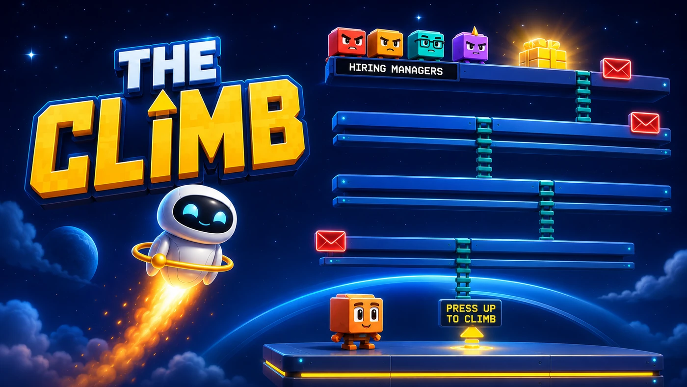 Play The Climb. Climb the career ladder to the offer at the top while the gatekeeper hurls rejection envelopes down at you. Time the gaps, jump the rejections, sign the offer.