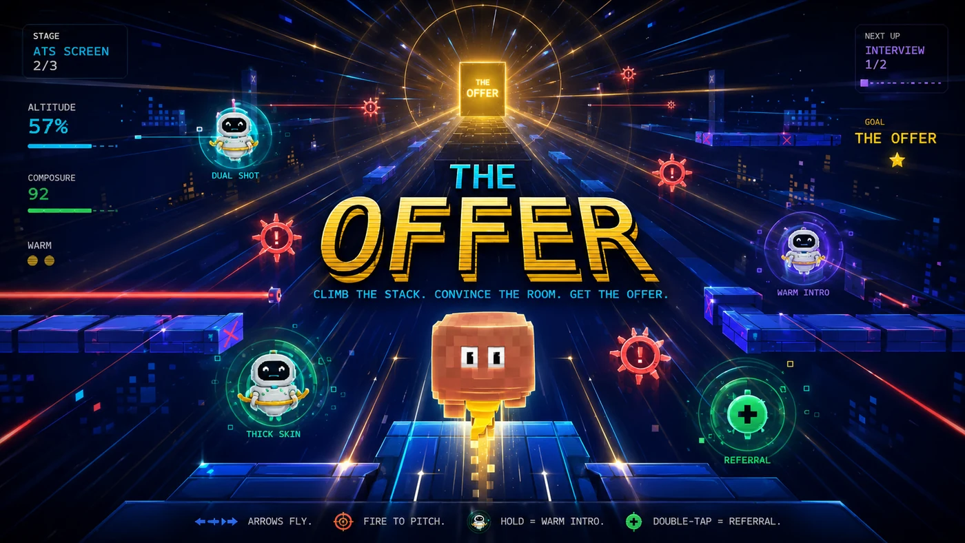Play The Offer. You are one resume climbing out of the stack. Thread the ATS, answer the questions the interview panel fires at you, beat the hiring committee, then negotiate your number. Sign three offers to win the search.